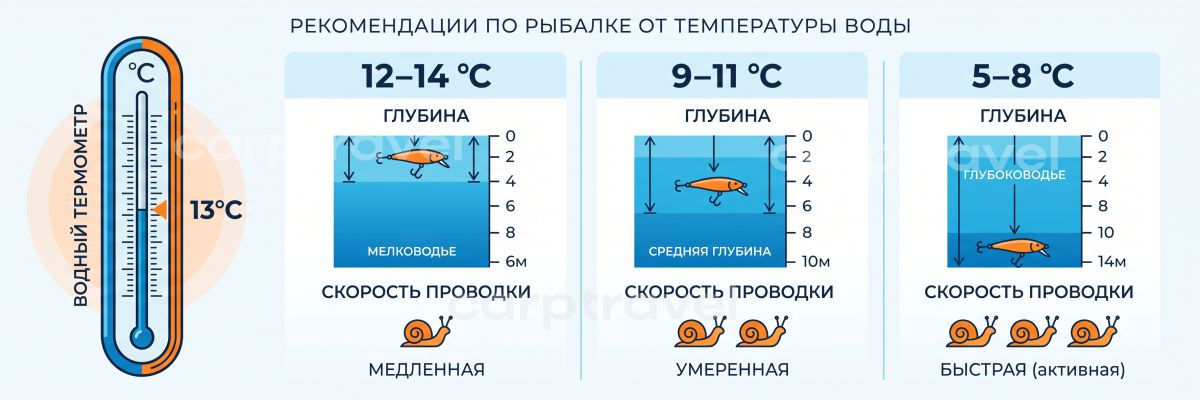 Чем холоднее вода, тем глубже и медленнее проводка