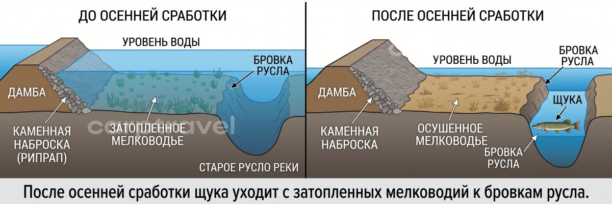 После осенней сработки уровня щука уходит с затопленных отмелей на русловые бровки