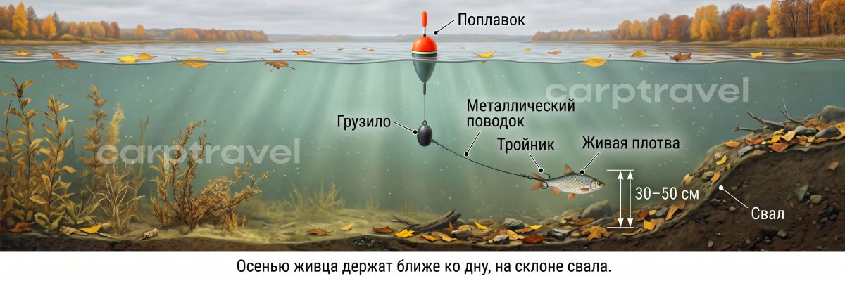 Осенью живца держат ближе ко дну, на склоне свала
