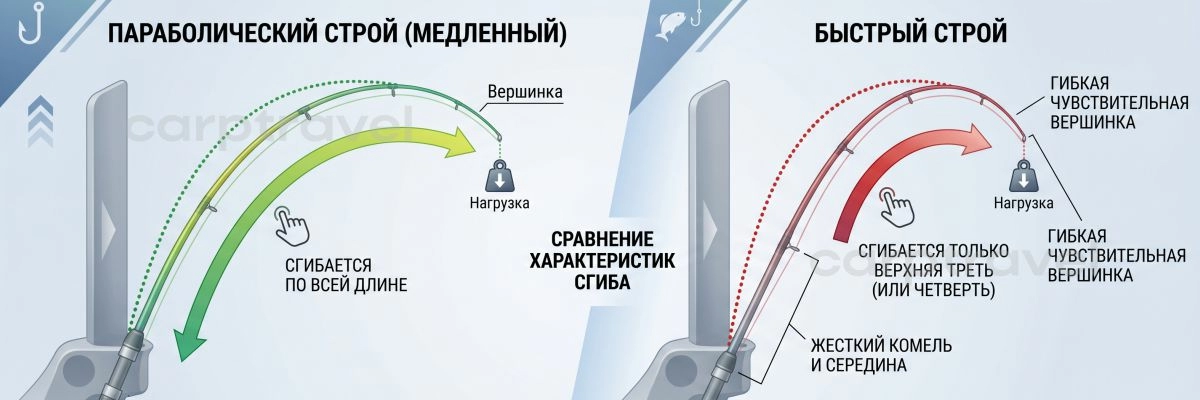 Для далеких дистанций выбирайте быстрый строй. Удилище не должно складываться в кольцо, оно должно работать как катапульта Для далеких дистанций выбирайте быстрый строй. Удилище не должно складываться в кольцо, оно должно работать как катапульта