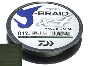 Плетеный шнур Daiwa J-Braid X4 Dark Green  135м 8,4кг/0,25мм (Тёмно-зеленый ) 